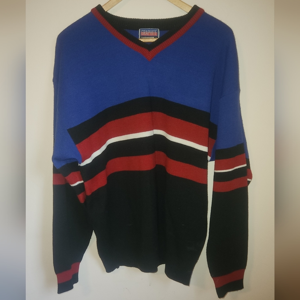 Vintage 90's Men's Large Graphite Brand V-Neck Striped Long-Sleeved Sweater